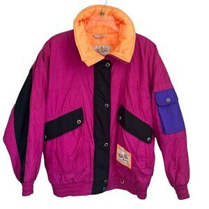 Vintage 80s PROFILE Women Medium Nylon Ski Jacket Puffer Coat Pink Neon Orange